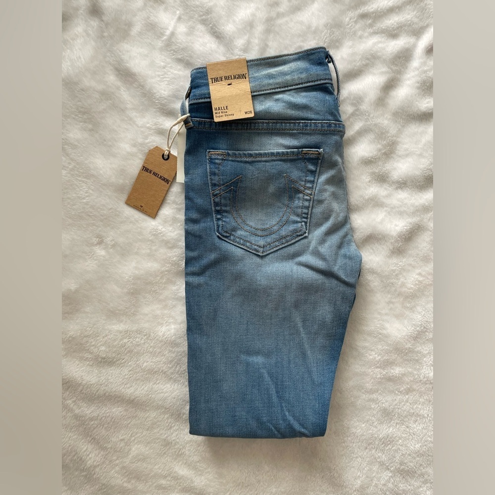 NWT True Religion Halle Mid Ride Blue Super Skinny Jeans size 26 Waist